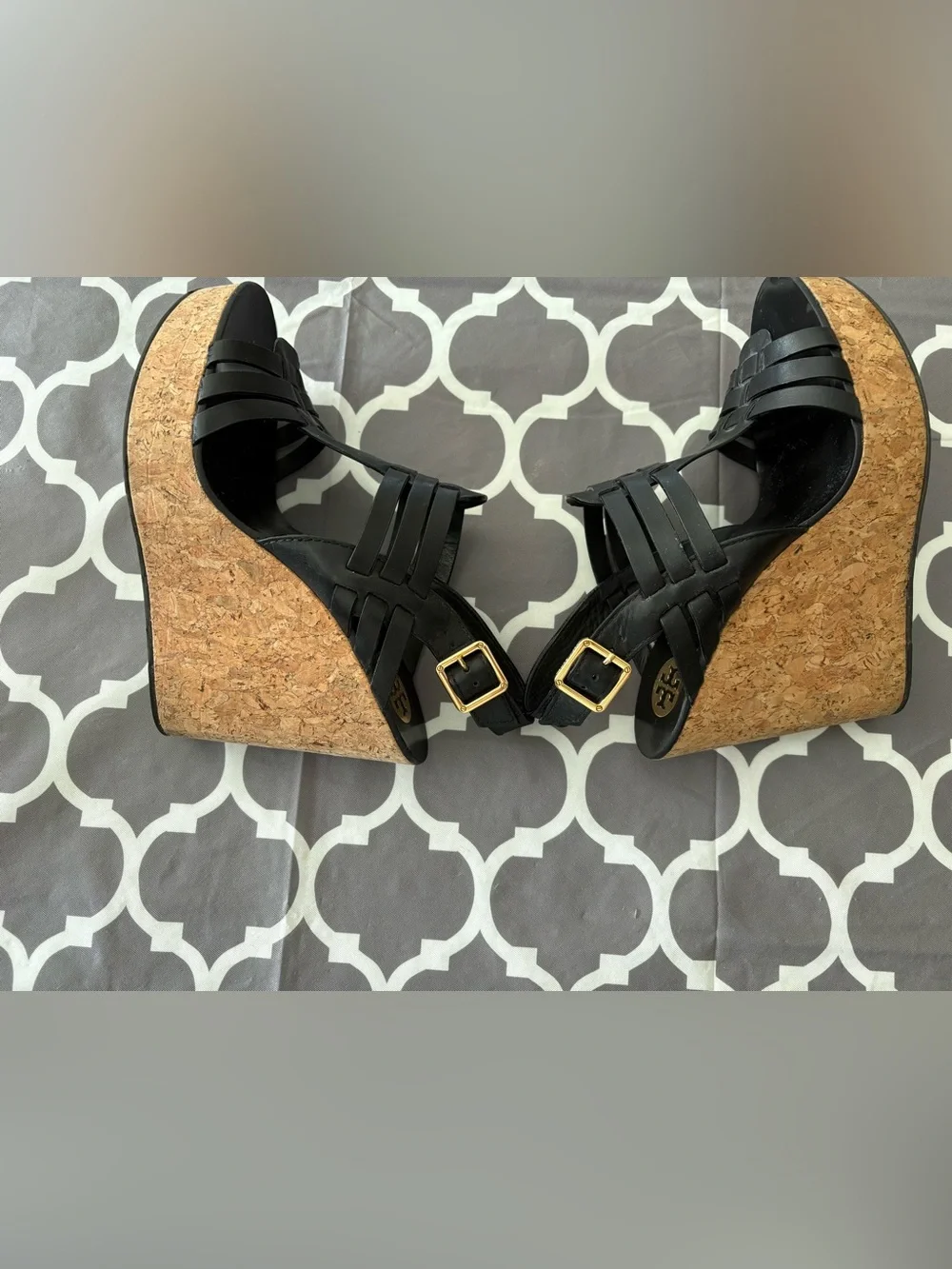 Tory Burch Leslie Black Leather Cork Wedge Sandals